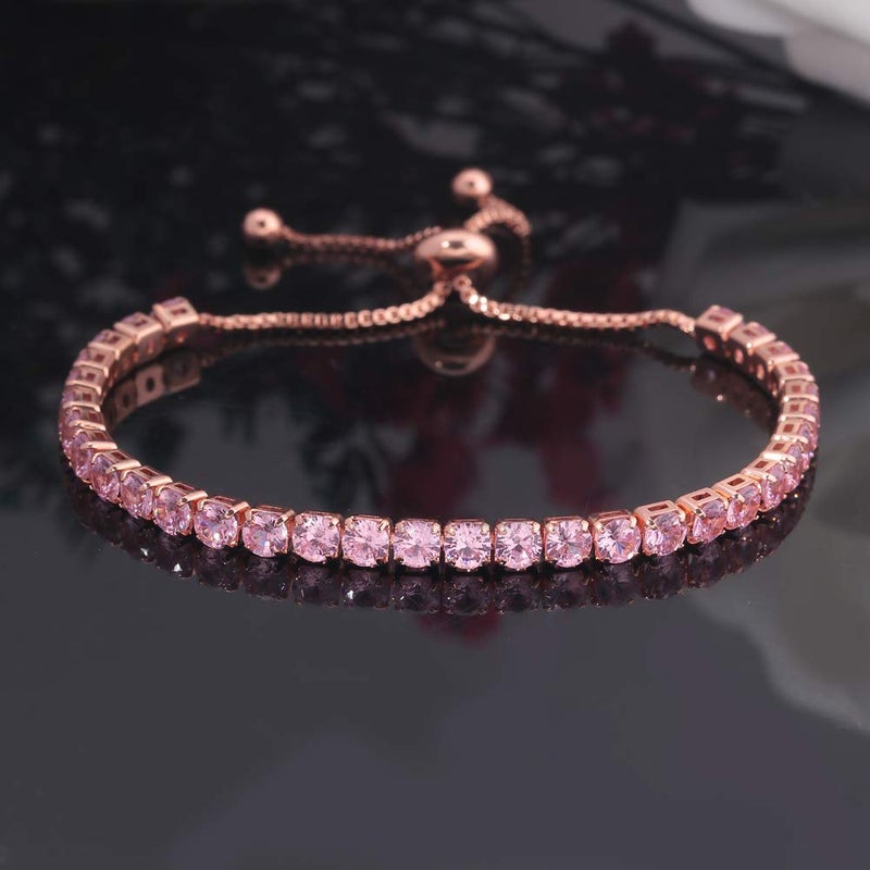 CiNily Adjustable Tennis Bracelets for Women Pink Cubic Zirconia Bracelet 14K Rose Gold Plated Hypoallergenic Slider Bracelet Jewelry Gift - Image 5